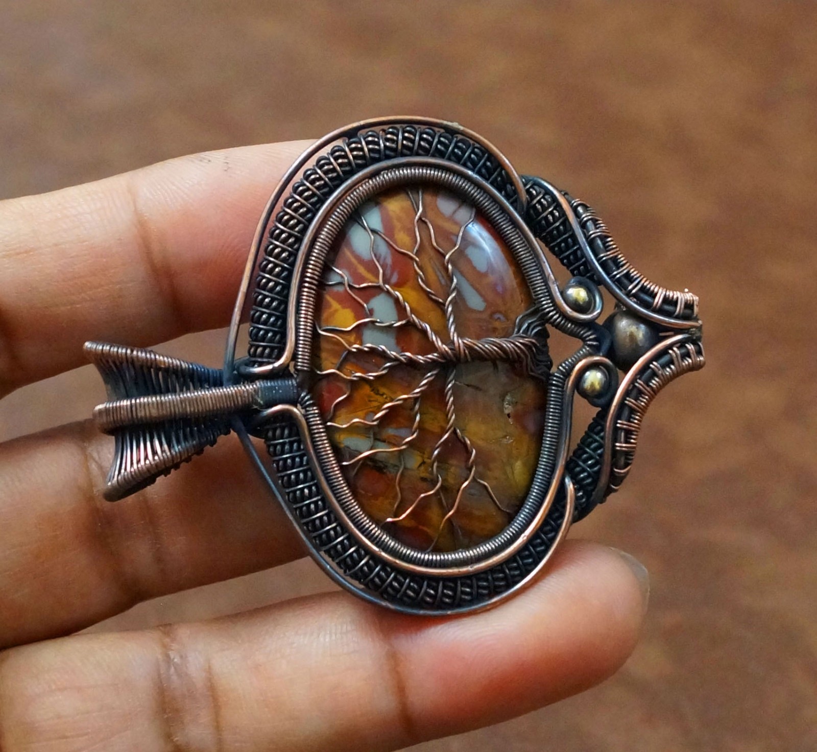 Brown Noreena Jasper Tree of life Copper Wire Pendant Handmade Jewelry (-PD62