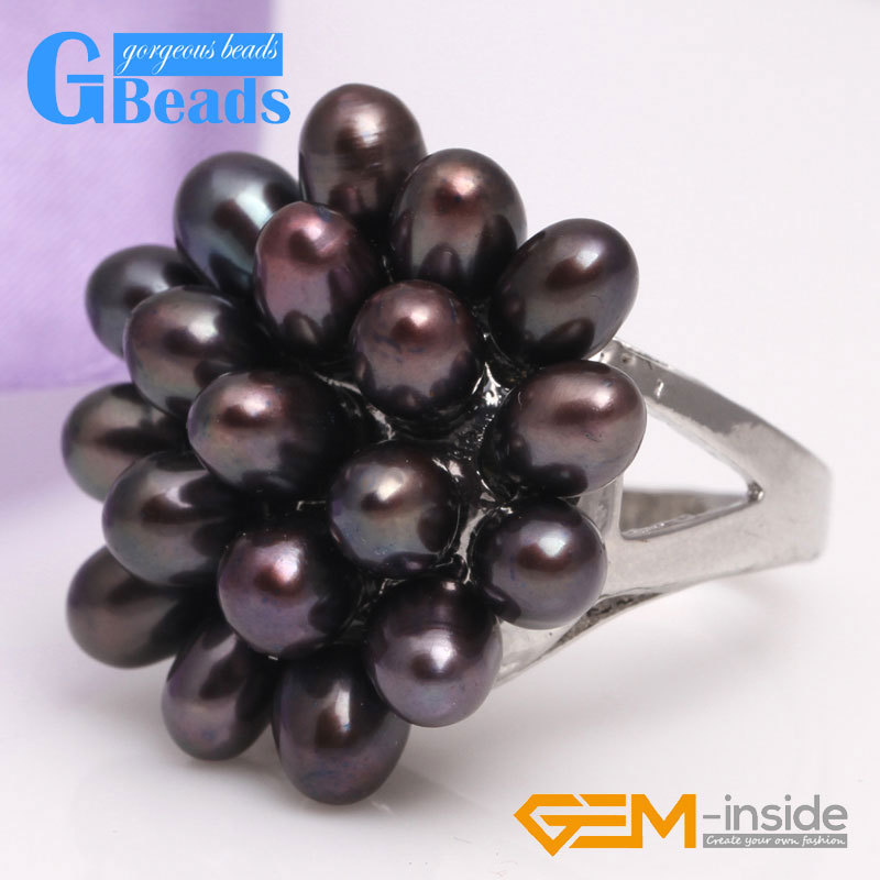 Charm Black White Purple Pink Freshwater Pearl Silver Plated Ring Women #7- #6
