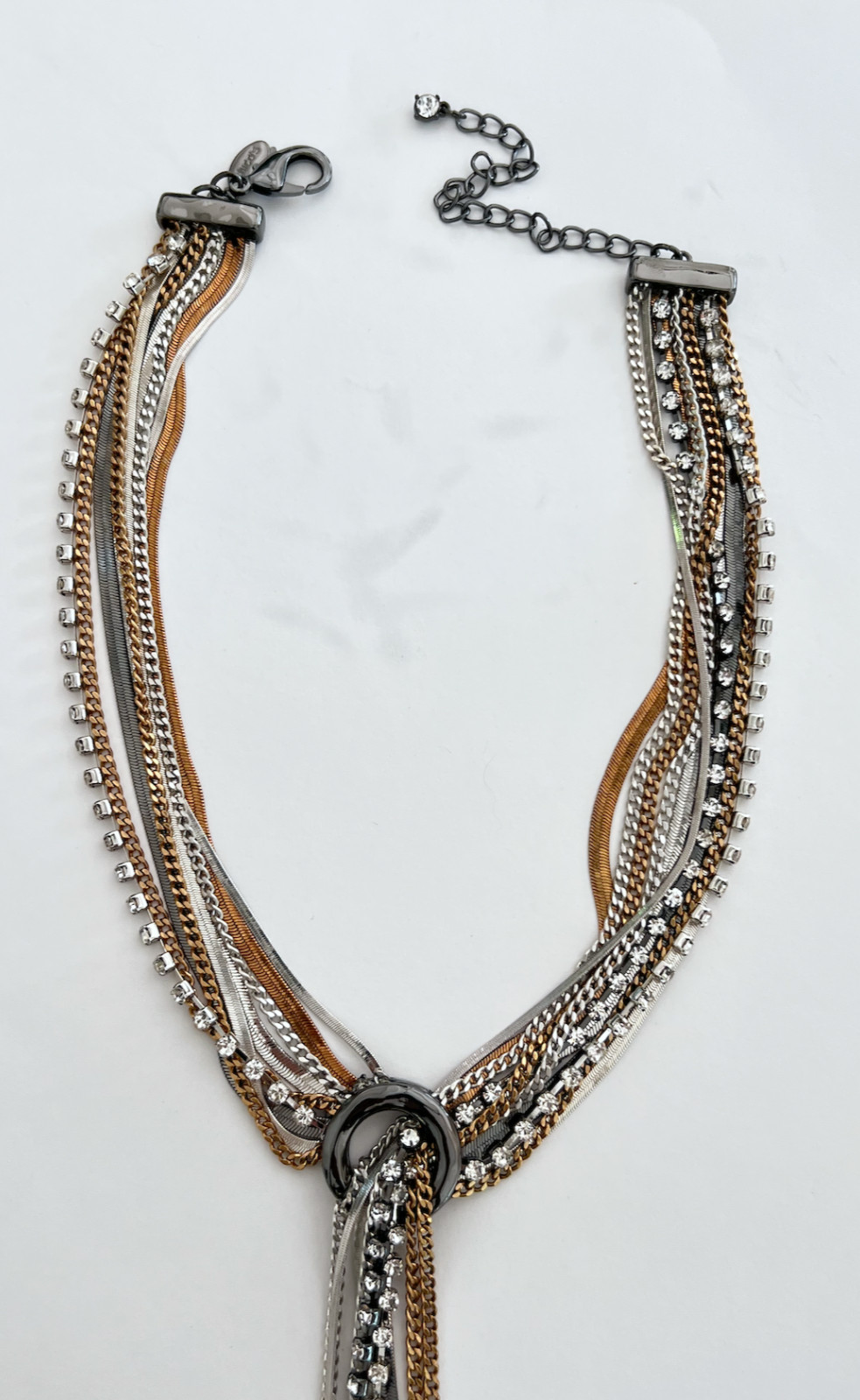 CHICO’S MIXED METAL MULTI STRAND GOLD SILVER TONE GEM STRANDS Y NECKLACE BOHO