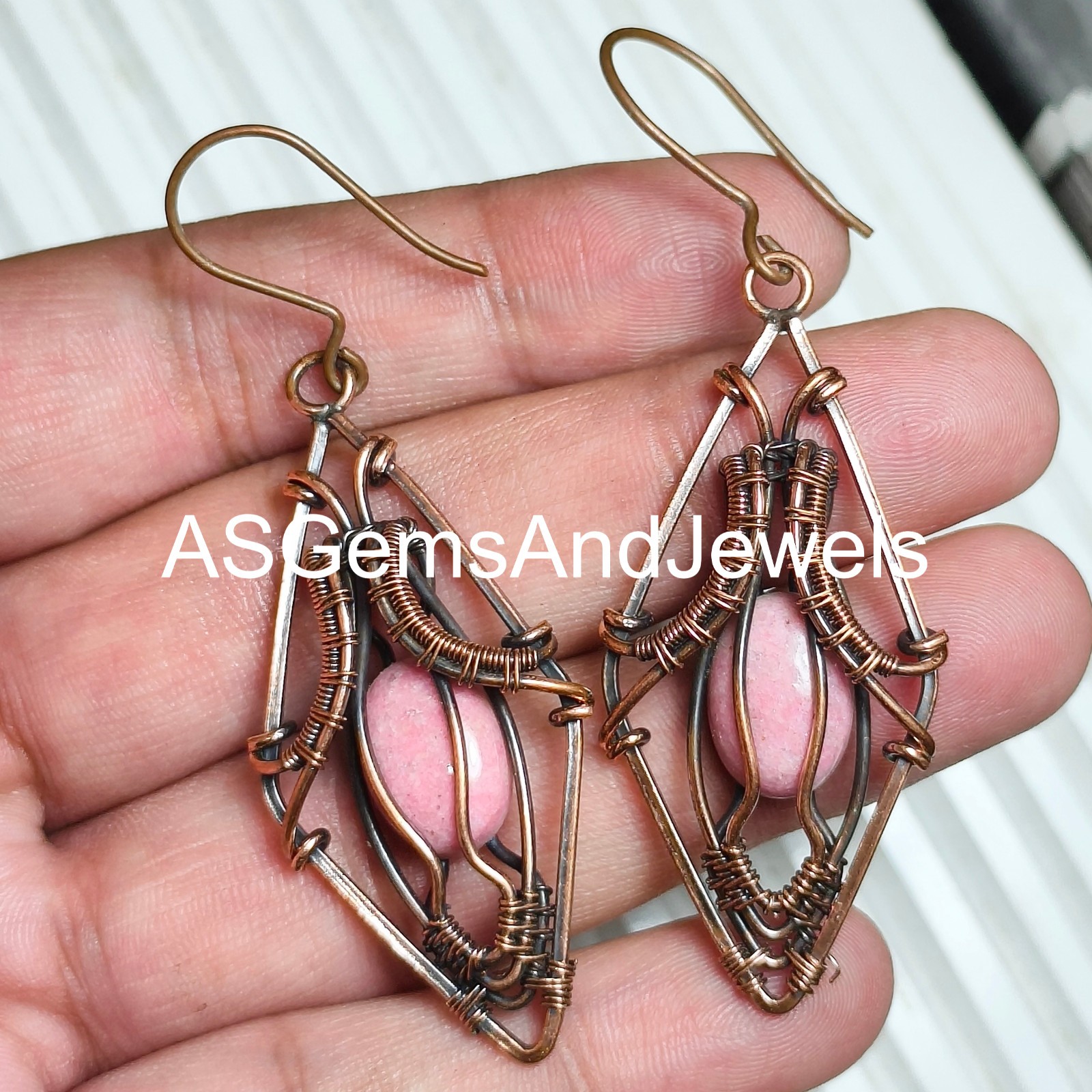 Copper Rhodochrosite Wire Wrapped Earrings Pair: Gemstone Dangle Drop Earrings