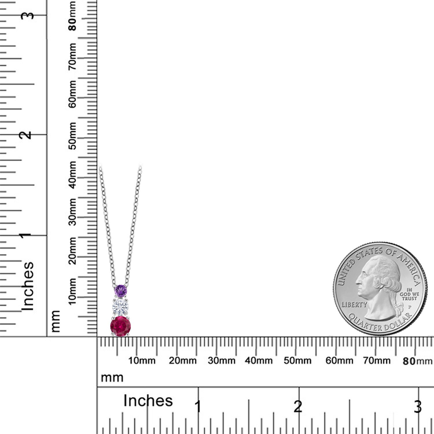 Rhodium Plated 3 Stone Pendant for Women & Chain Created Ruby Moissanite 0.93ct