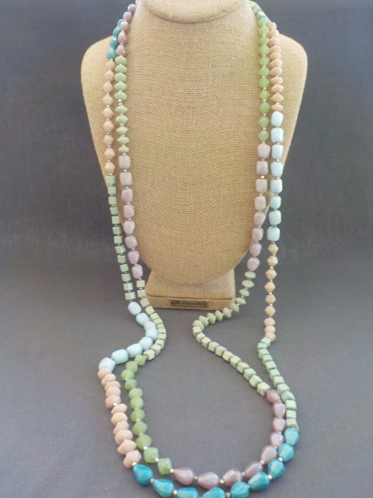 2 Single Strand Glass Necklace No Clasp Green Bi Cone Square Molded Pressed