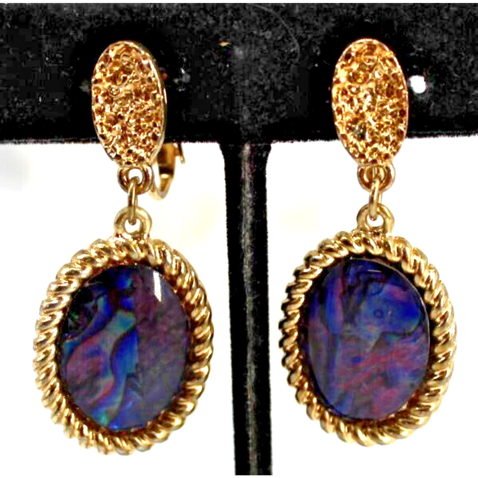 Red Blue Purple Marble Aurora Borealis Earrings • Oval • Goldtone • Clip On