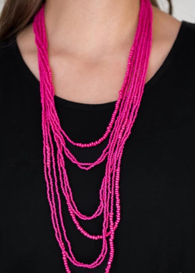 Pink Round Bead Multi-Strand Necklace & Matching Drop Earrings Jewelry Set