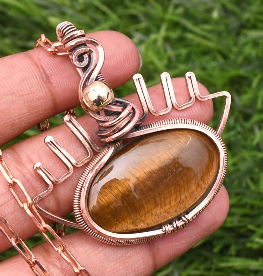 Natural Tiger’s Eye Gemstone Copper Wire Wrap Handmade Jewelry Pendant 2.28″