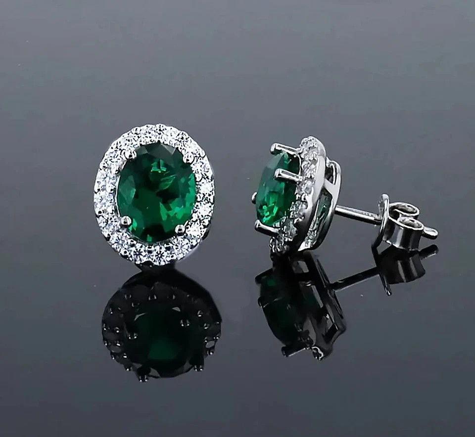 2.16 Ct Oval Cut Emerald Earrings Wedding Earrings 14k Solid White Gold