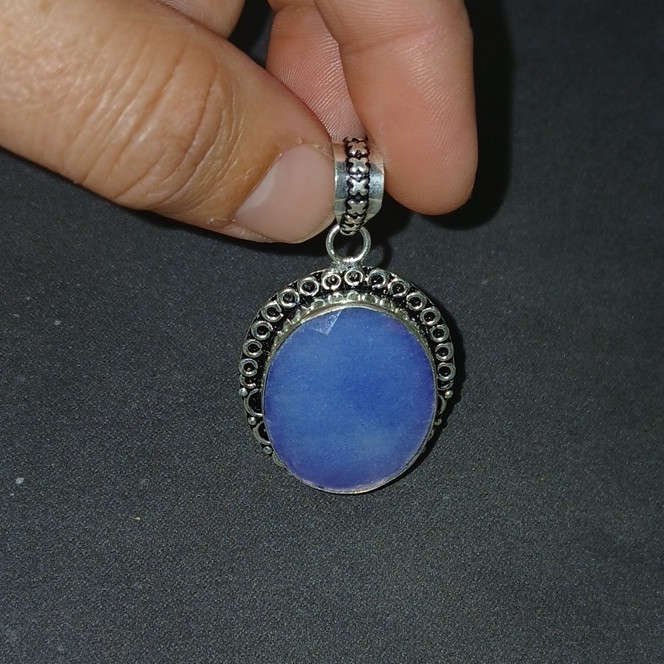 925 SS Simulated Blue Sapphire Pendant Charm Bezel Setting Handmade In India
