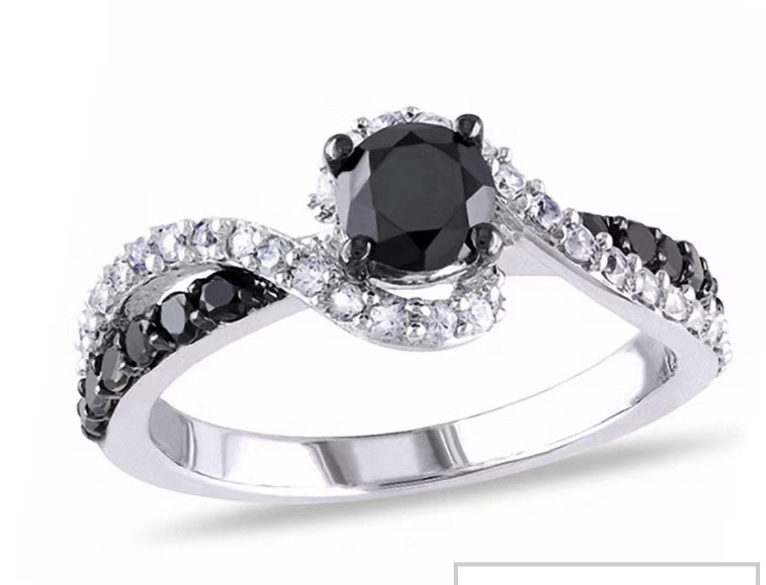 Silver Tone Black Onyx Round Prong Set Swirl Ring Sim Diamond Accents Sz 10