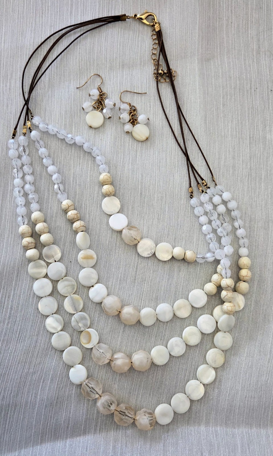 Mother of Pearl Beads Faceted Quartz Beaded Multi-strand Necklace Earrings Set