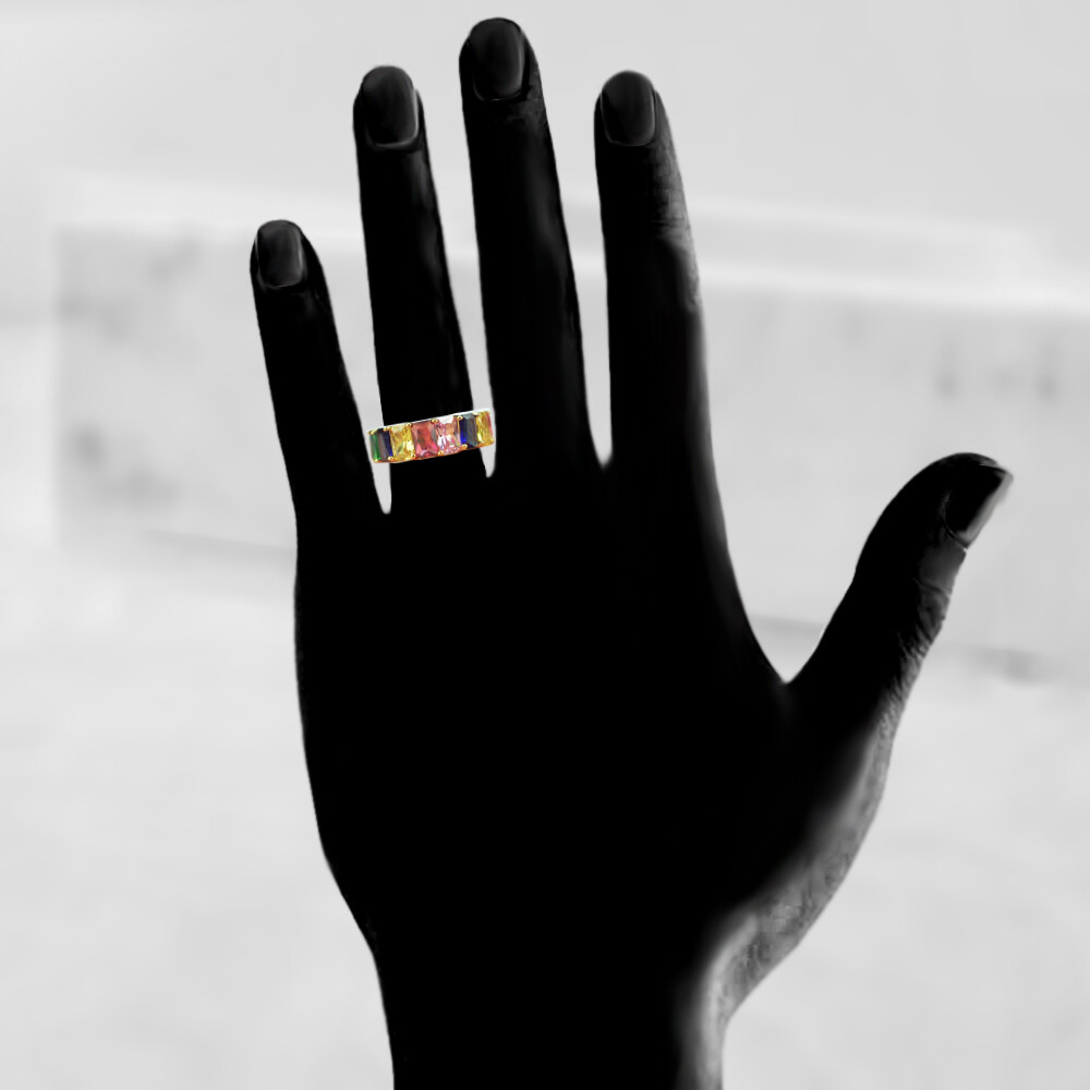 Gold Plated Rainbow Emerald Cut Cubic Zirconia Eternity Band Ring for Woman Girl