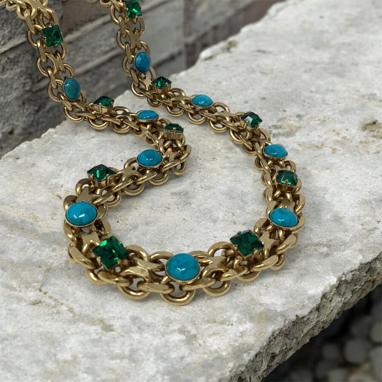 Lanvin Paris Long Necklace / Belt Gold-Tone Turquoise & Green Crystal New + Box