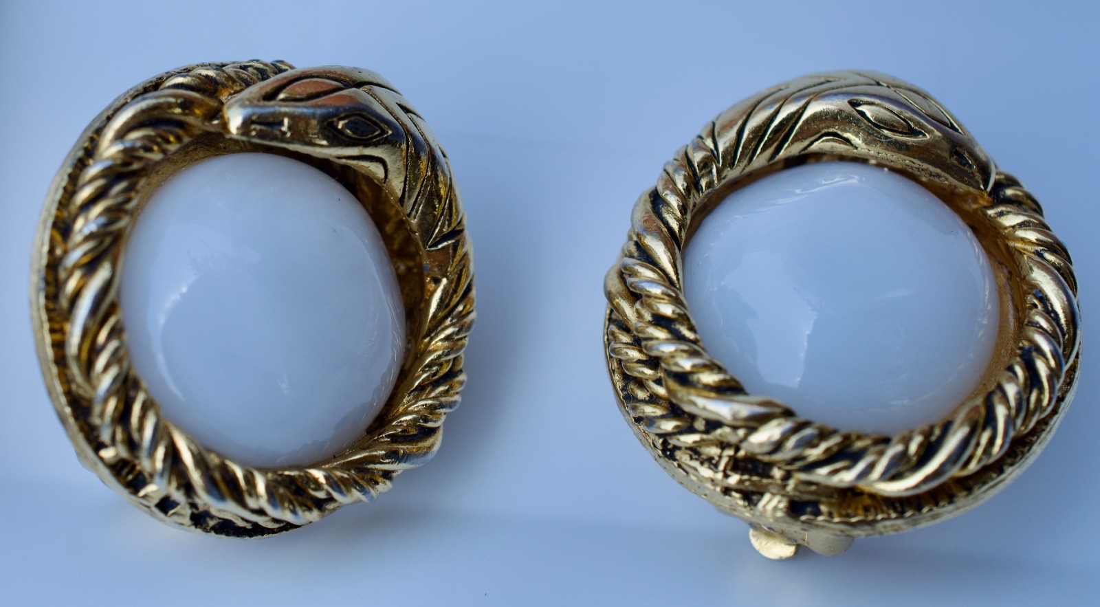 Chanel Snake White Glass Gripoix Round Clip On Earrings Vintage 1980’s / 1 inch