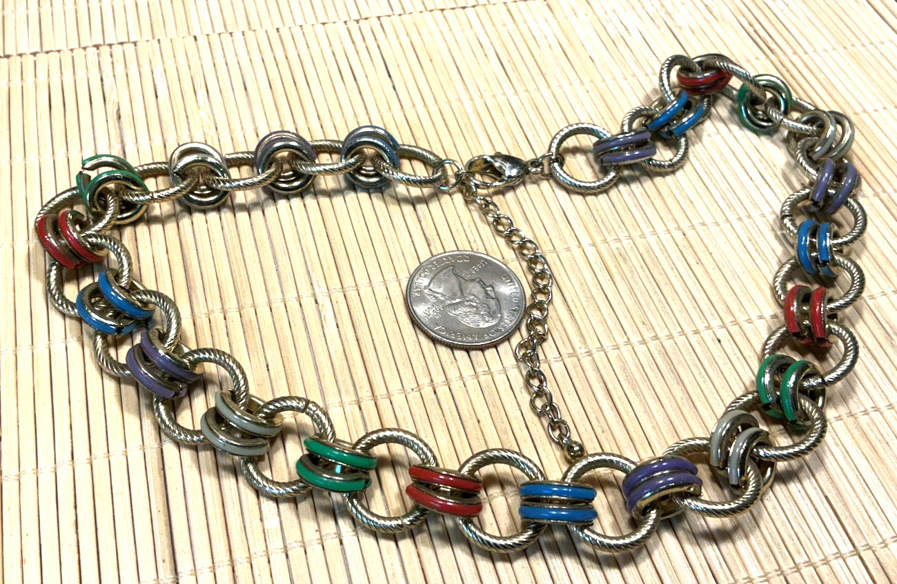 Fashion Necklace Gold Tone Multi Color Enamel Loops Thick Metal Chain Lot 103C