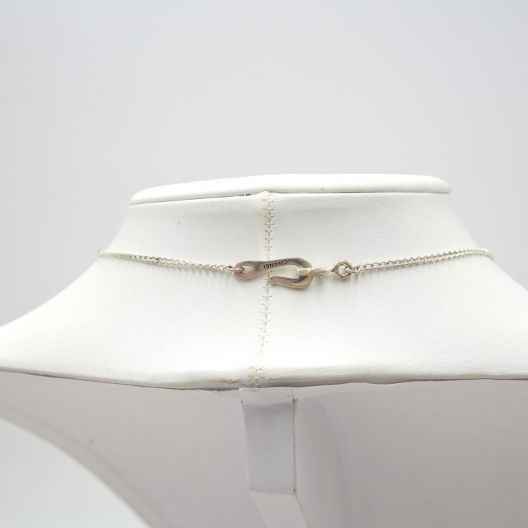 CHANEL Coco Mark Pendant Necklace Silver Tone Clear Stone 42cm