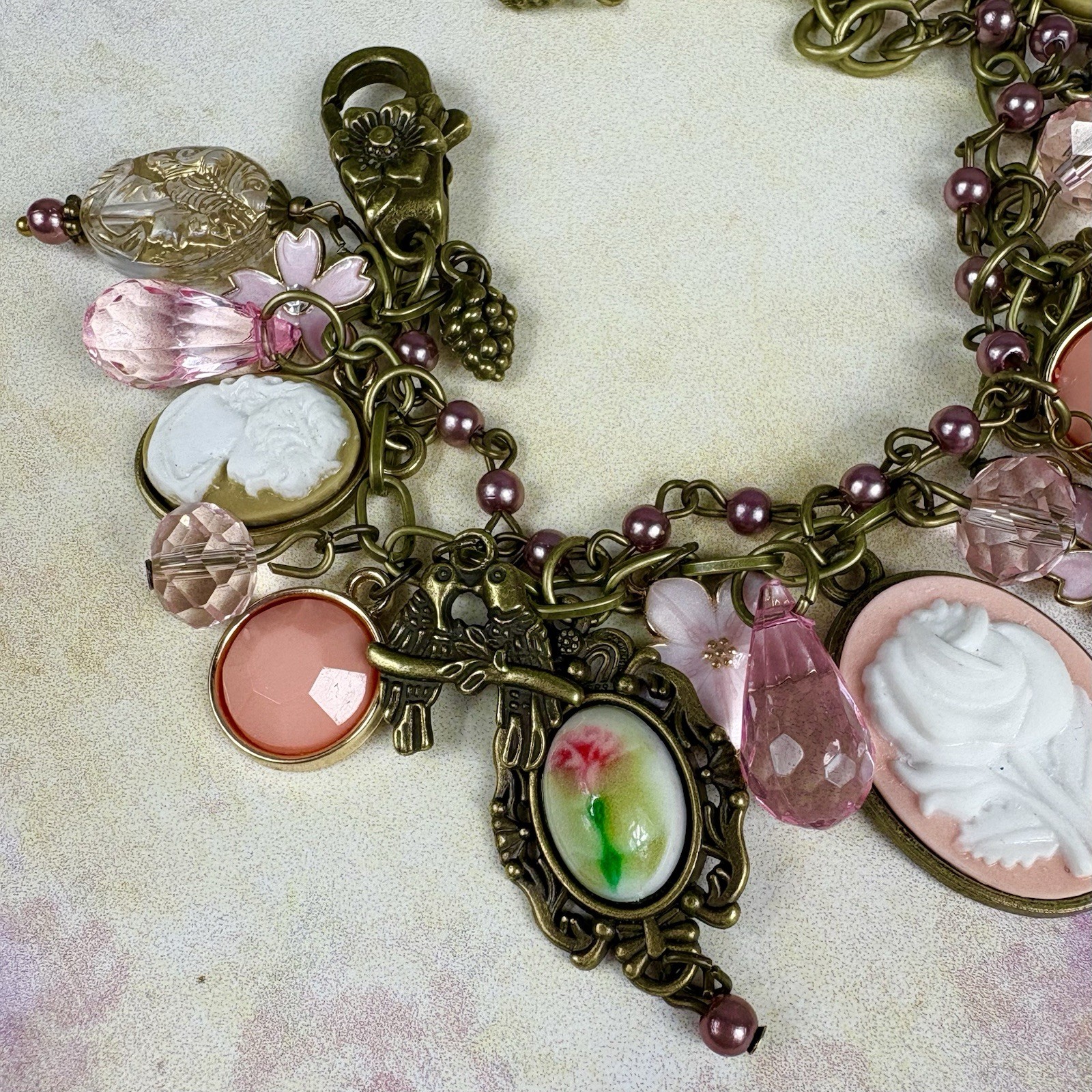 Vintage Style Charm Bracelet Cameo Pink Brass Chain