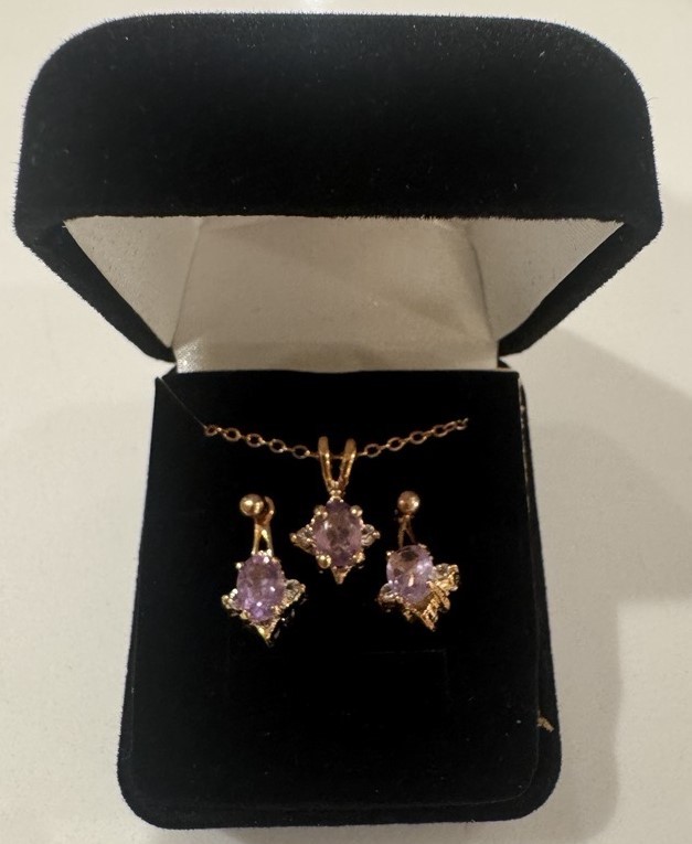 GIFT WOMEN’S JEWELRY SET NECKLACE PENDANT EARRINGS PURPLE RHINES GOLD TONE T1536