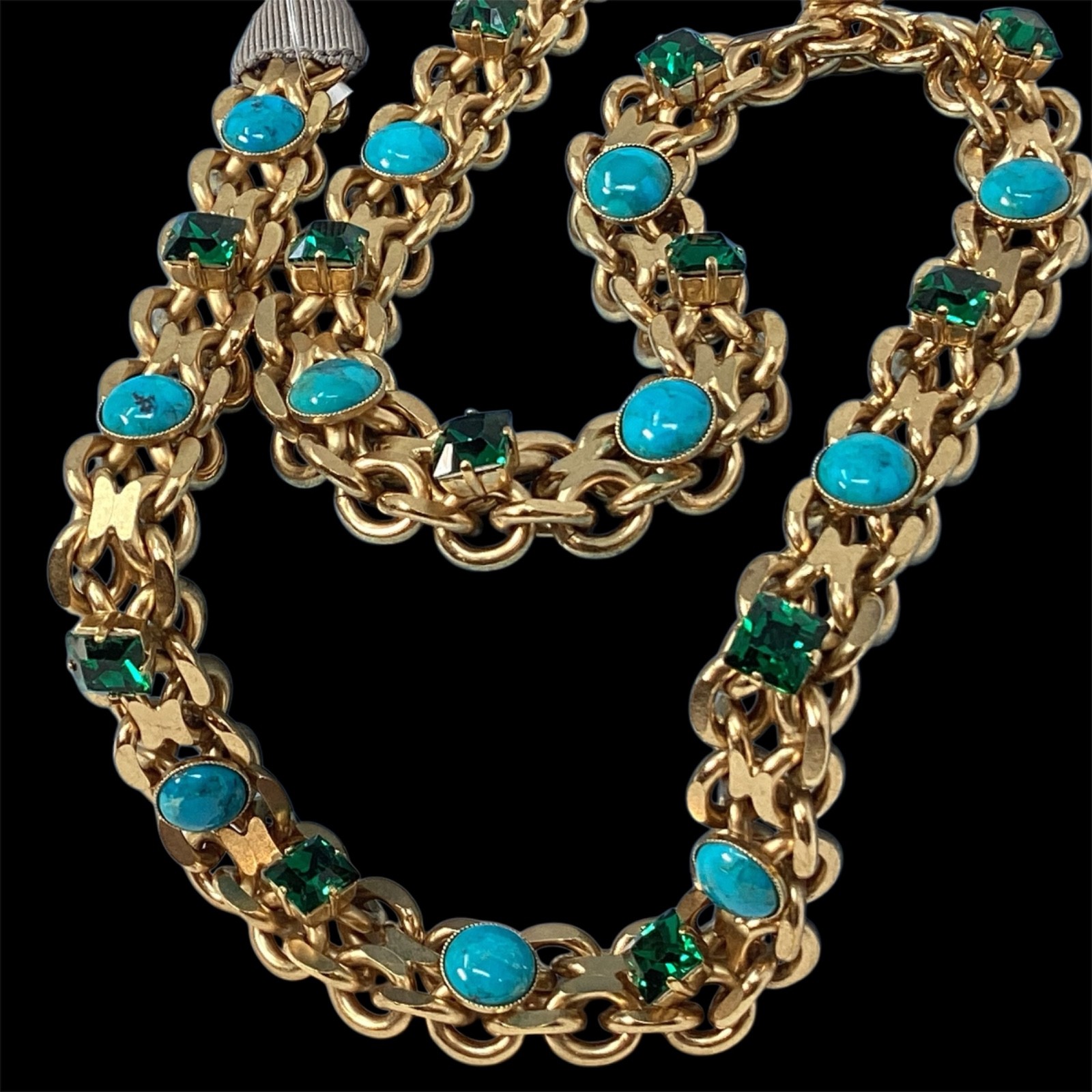 Lanvin Paris Long Necklace / Belt Gold-Tone Turquoise & Green Crystal New + Box