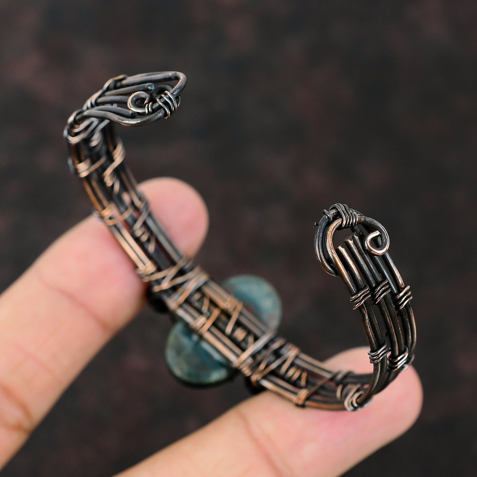 Bloodstone Wire Wrapped Adjustable Bangle Handcrafted Copper Valentine Gift
