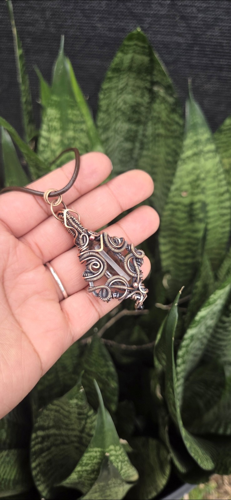 Handmade Copper Wire Wrapped Smokey Quartz With Leather Cord