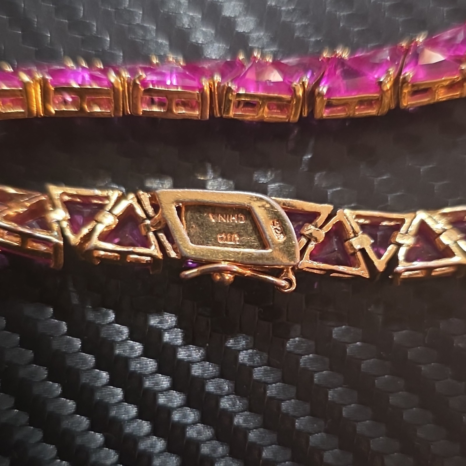 Gold Tone Pink Trillion Sim Crystal Rhinestone Tennis Bar Link Bracelet Box