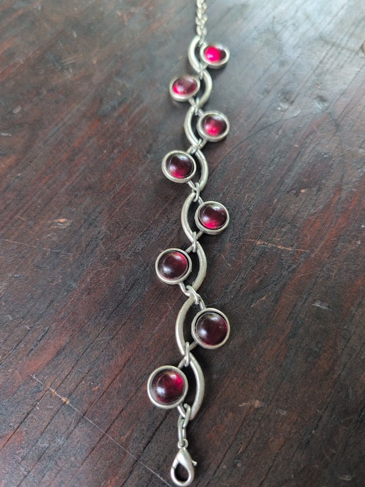 Silvertone/Red Gemstone Bracelet 7.5″-9.5″in.