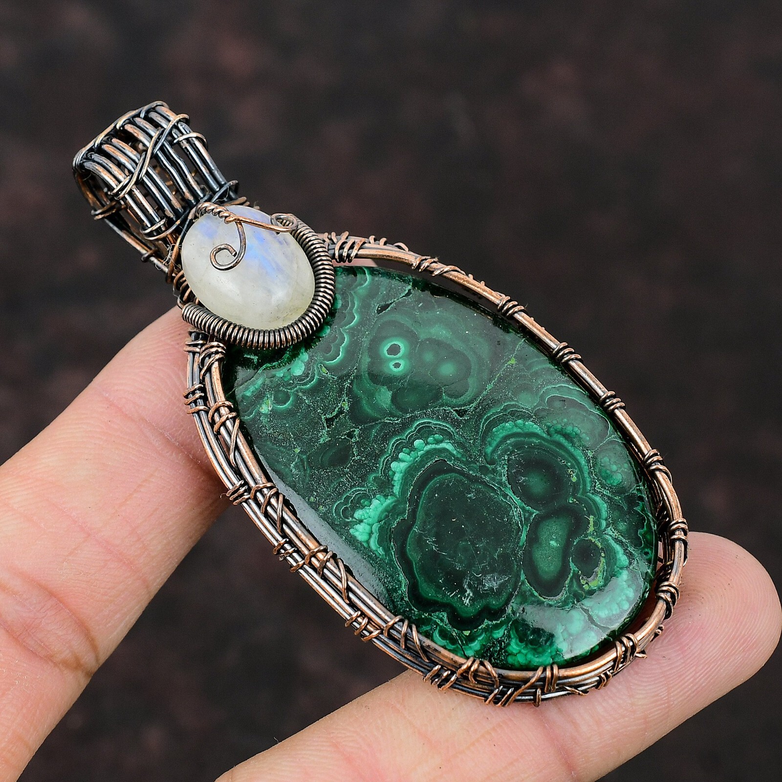 Gift For Her Russian Malachite Wire Wrapped Pendant Copper Jewelry 3.03″