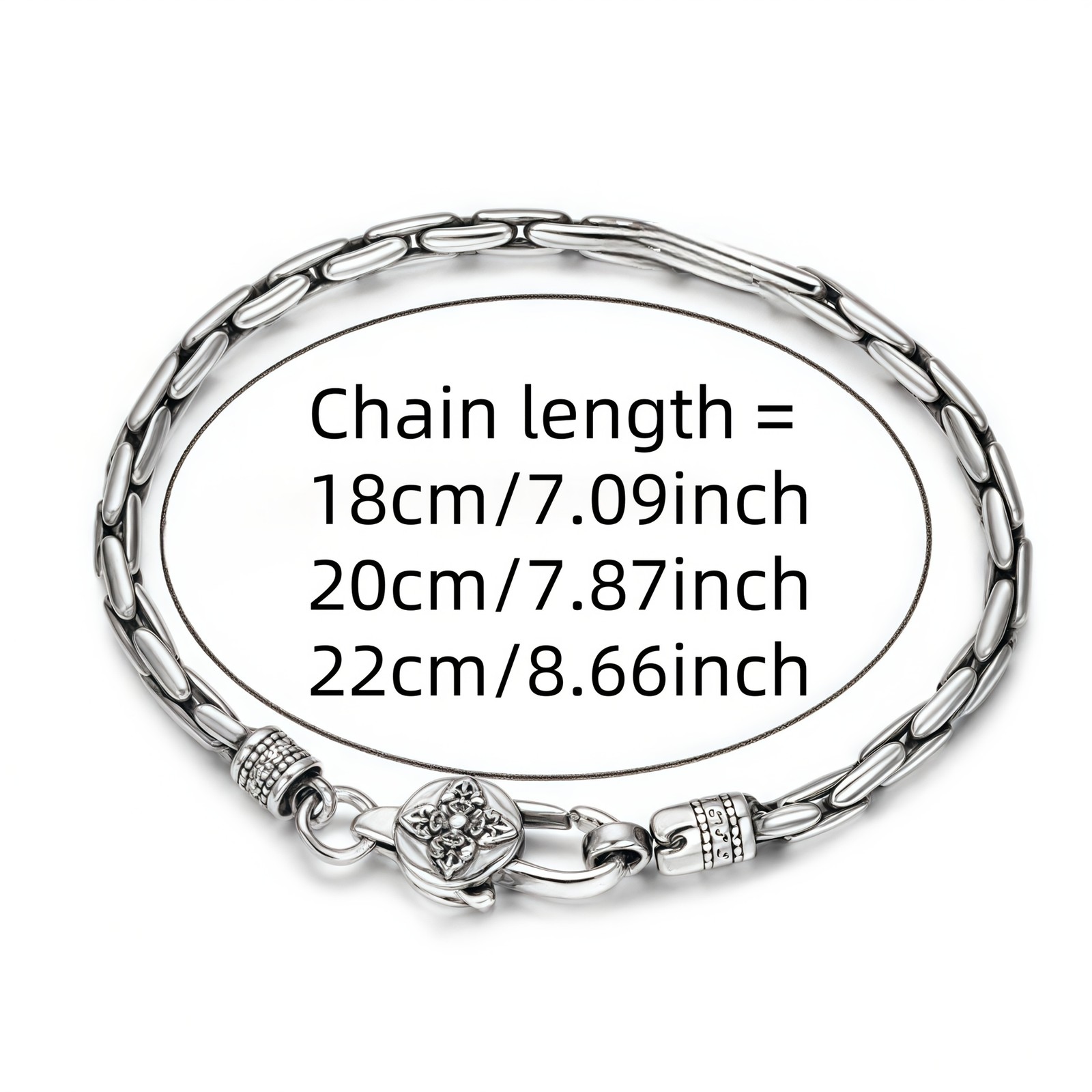 Antique Four-Petal Flower Oval Link Bracelet For Men, Silver Plated