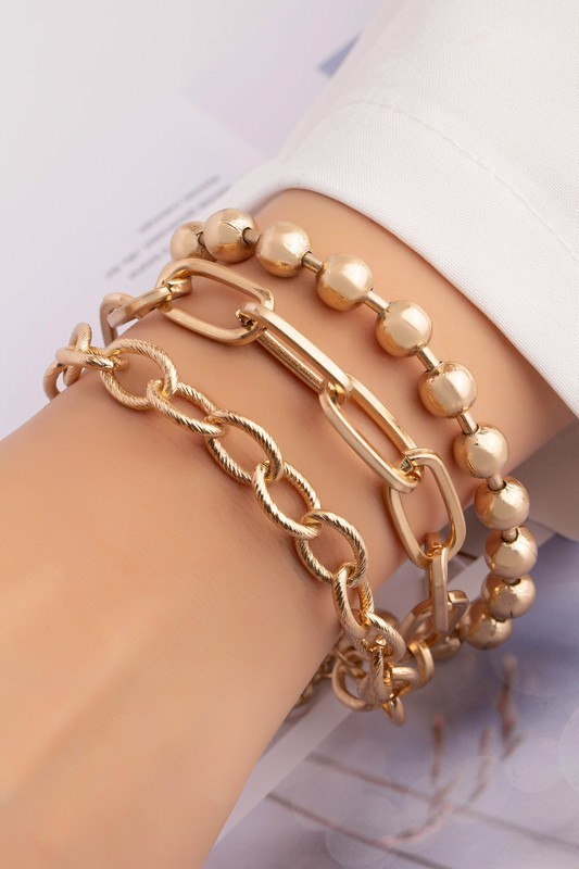 Three Row Chunky Chain and Ball Bracelet Set Gold Tone Layered Statement Jewelry