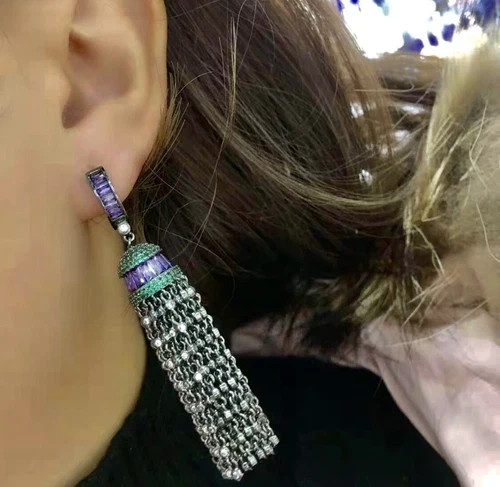 18k Black Rhodium Filled Purple Amethyst Gemstone Long Tassel Earrings Gorgeous