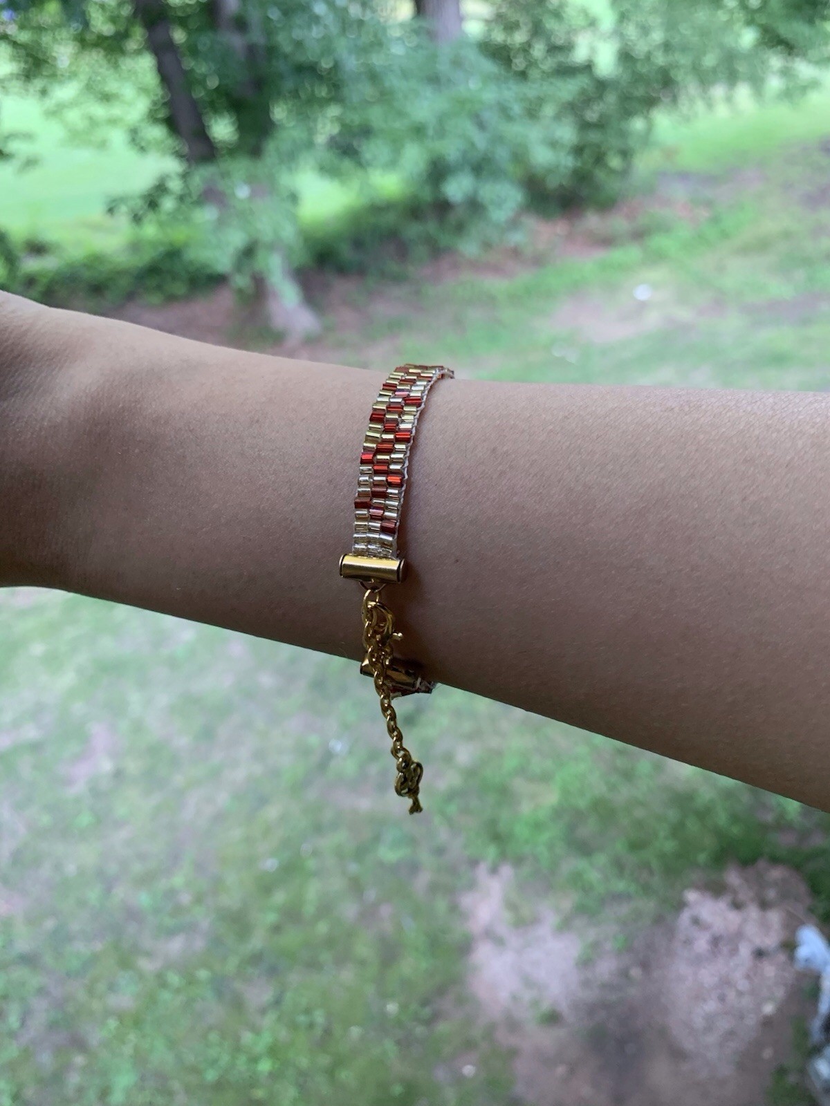 Gold Tone Red Beaded Cable Chain Bracelet | Lobster Clasp | Adjustable