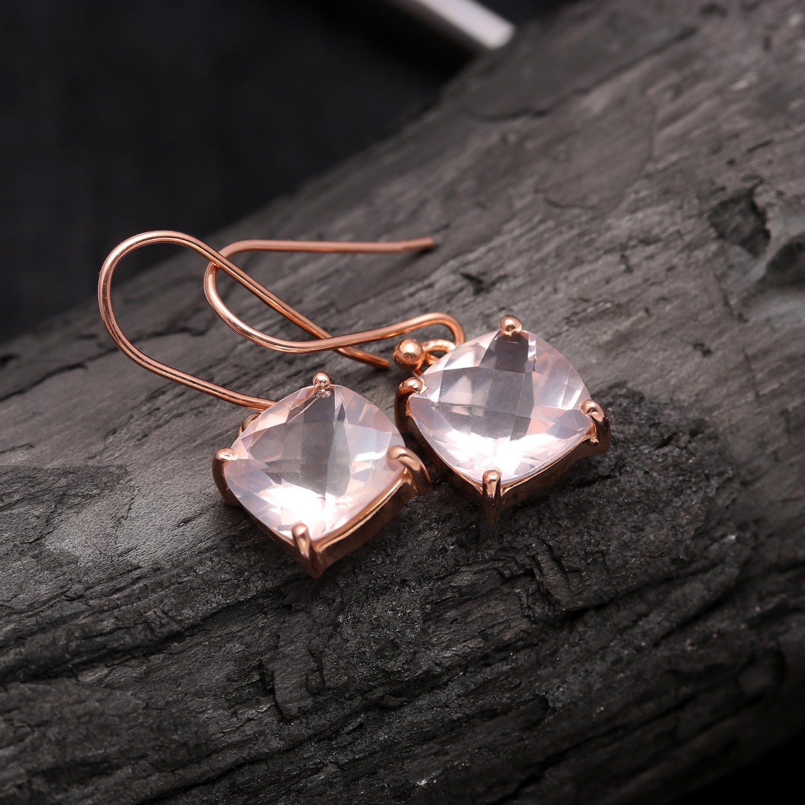 Natural Rose Quartz Cushion Dangle Earrings Rose Gold Fill Solid Silver Jewelry