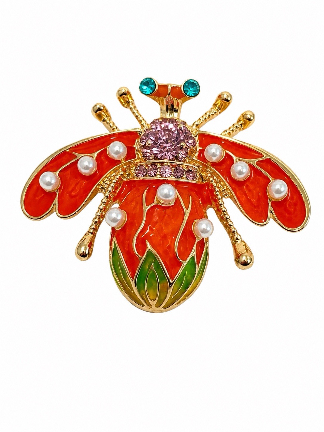 Orange Enamel Faux Pearl Fly Gold Tone Metal Brooch Pin
