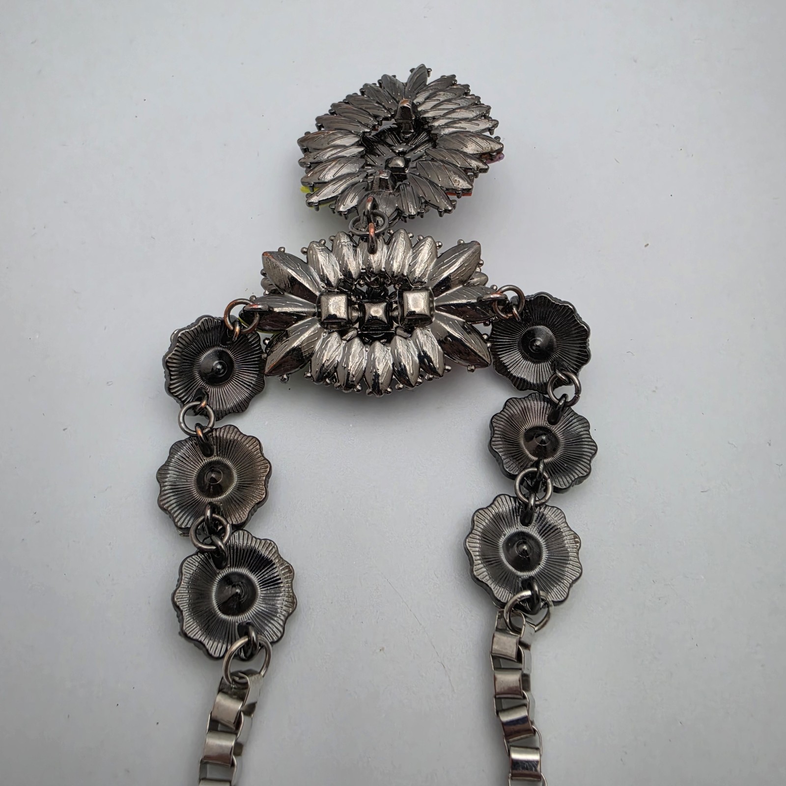Large Floral Bib Statement Multi Color Necklace Rhinestone Box Chain Silver Tone