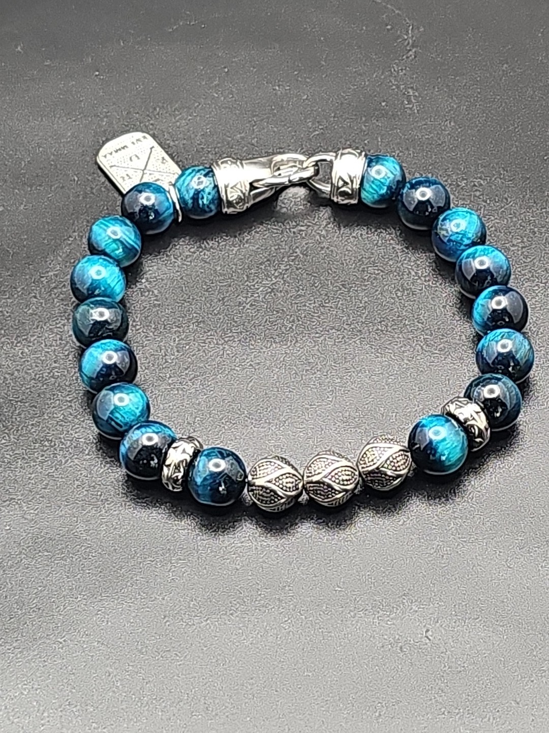 10mm Hand Made Deep Blue Tigers Eye Beaded Bracelet with Stainless Steel Clasp