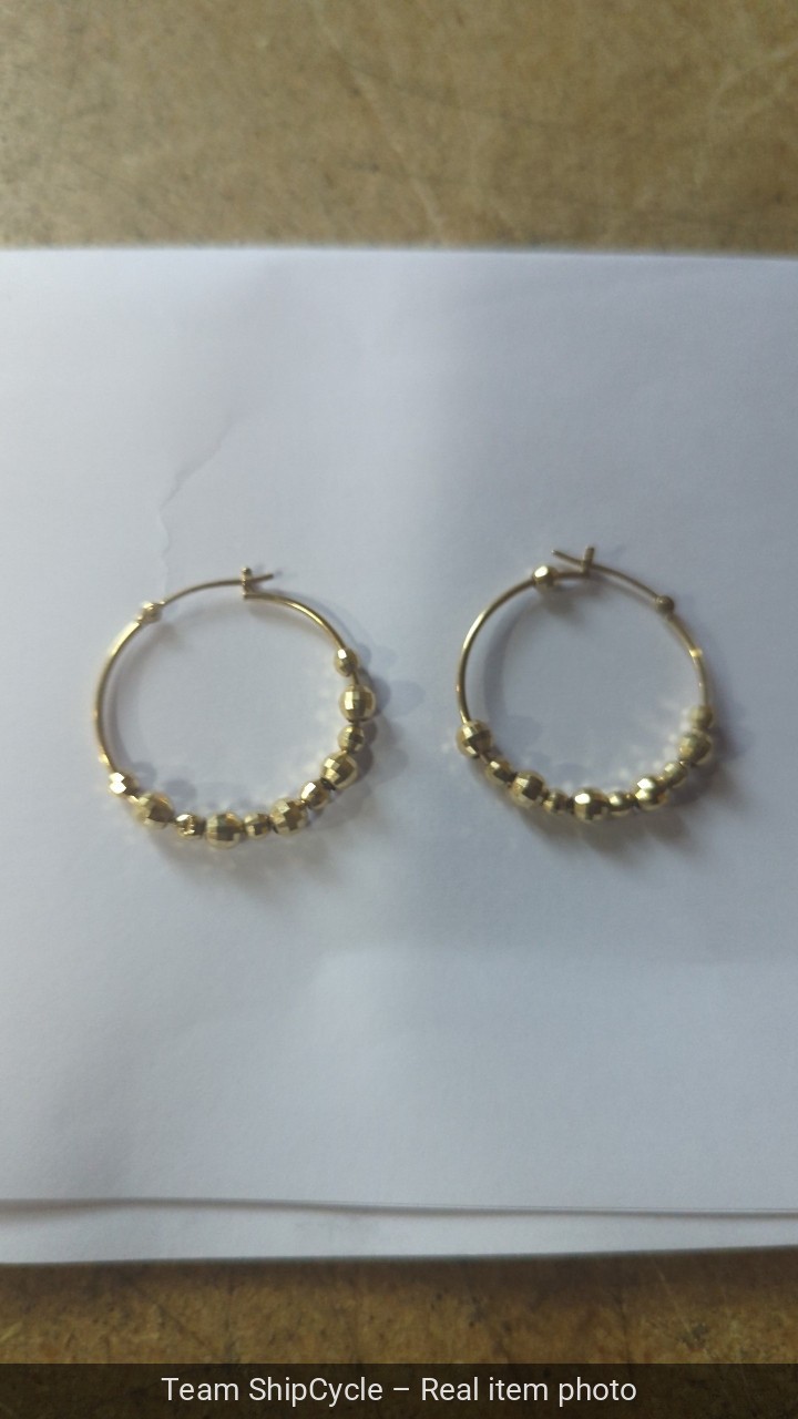 14k Yellow Gold Beaded Hoop Earrings Faceted Texture High Polish G2U