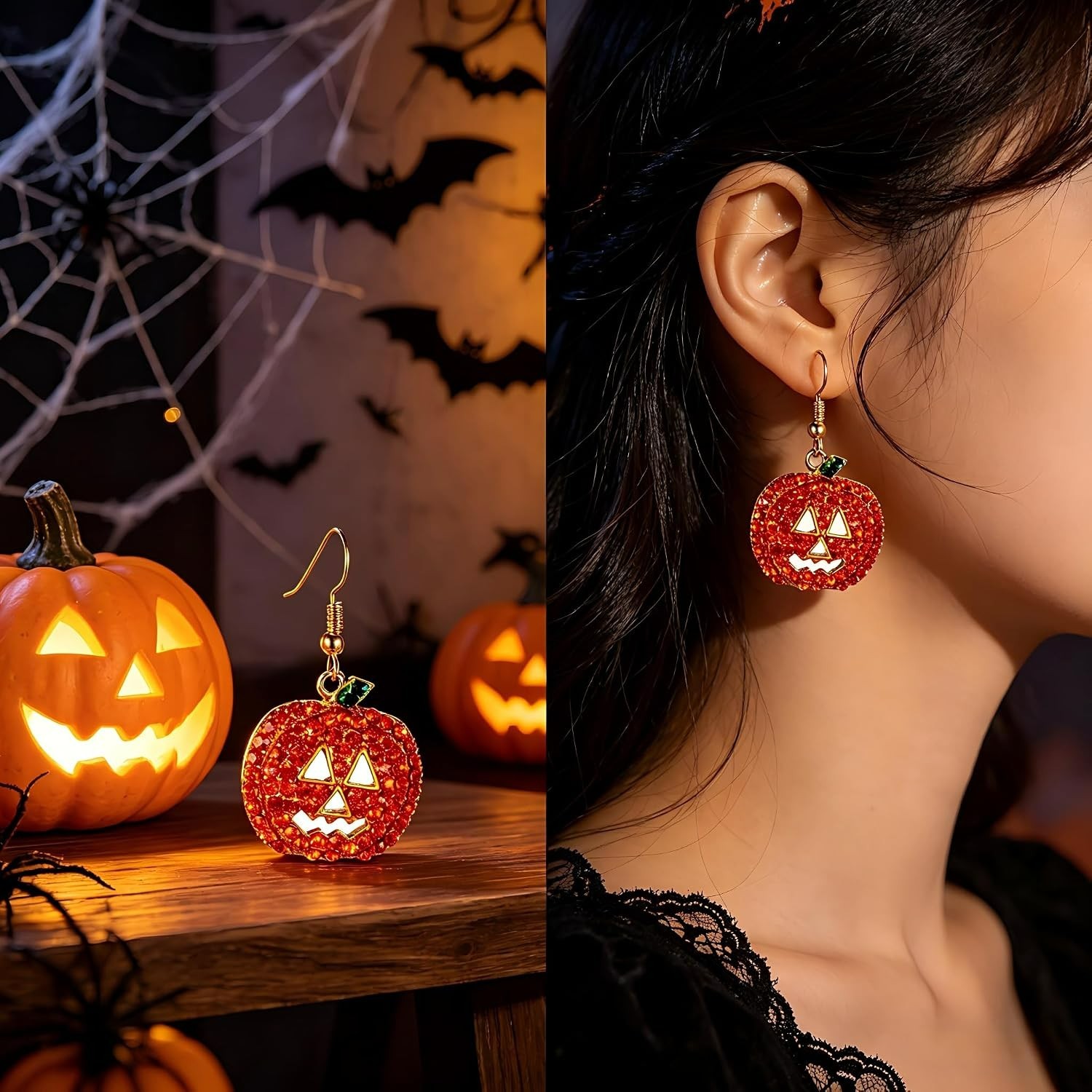 Lightweight Dangle Pumpkin Earrings in Red Crystal – Perfect for Costume Parties