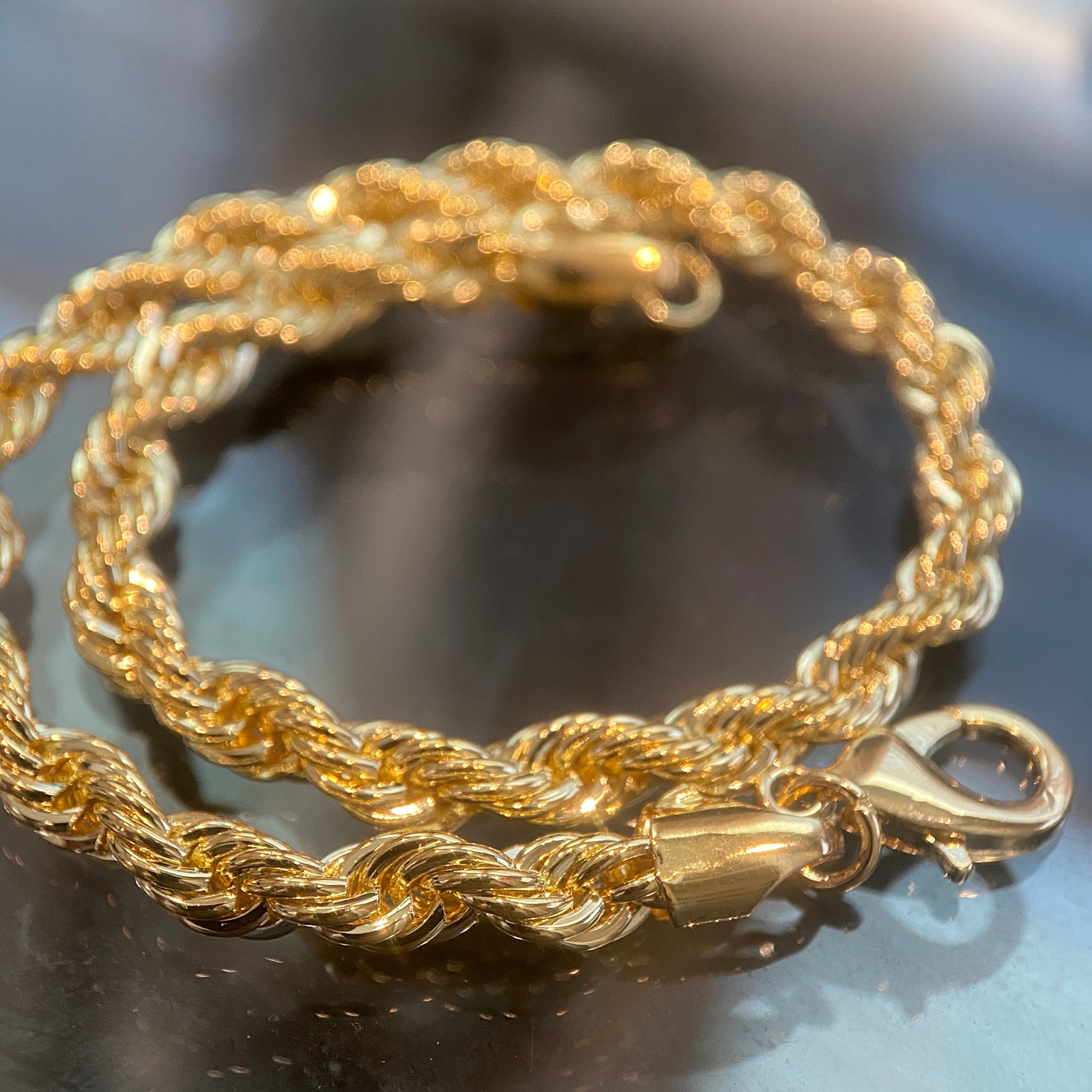 14K Gold Plated Rope Chain Hip Hop Bracelet Twisted Braided 3-8mm Thick 8″-9″ In
