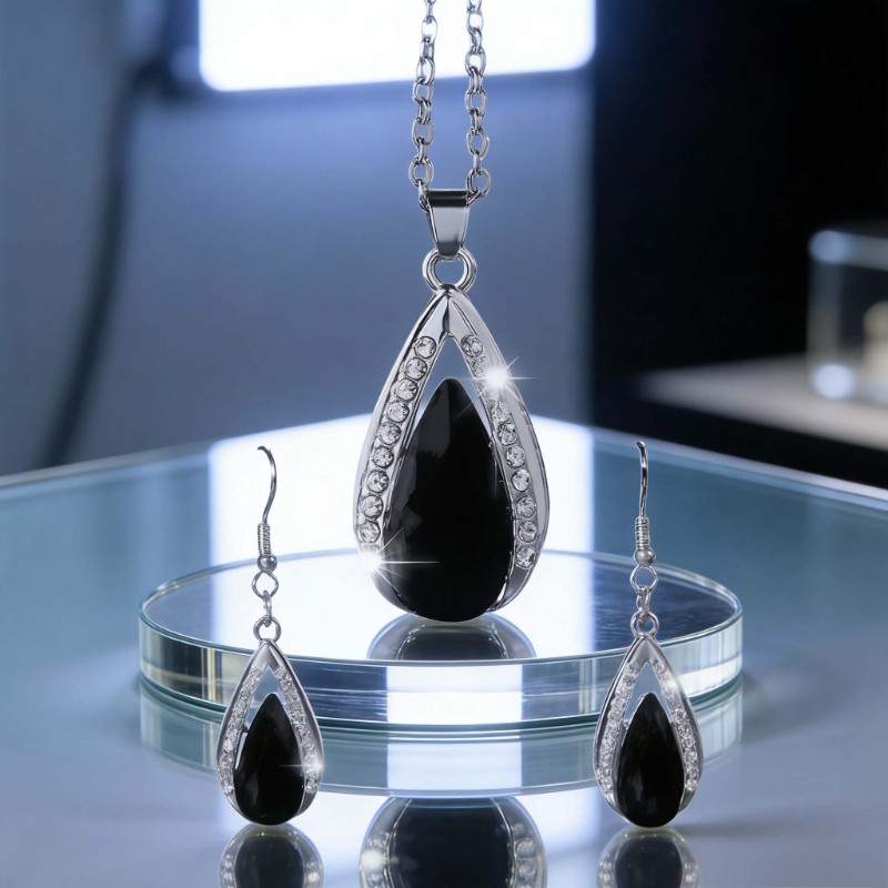 Black Teardrop Shaped Glass Pendant Necklace Earrings Exquisite Set for Women