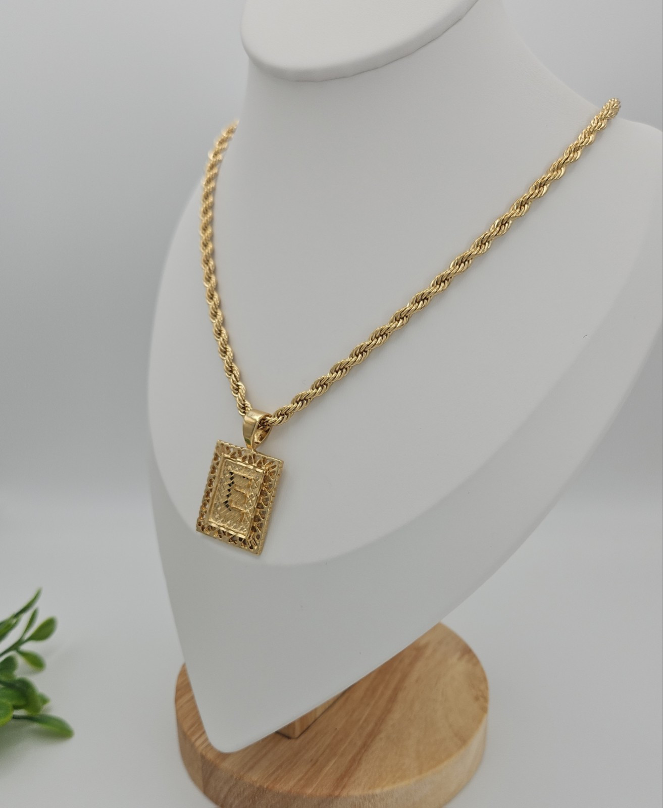 Gold Square Initial Necklace, 3mm Rope Chain, 14k Heavy Plated