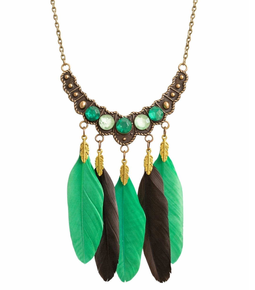 Green and Brown Feather Necklace – Bronze Pendant, Chain – Handmade