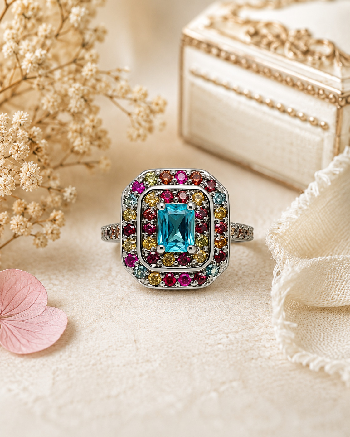 ESTATE Cocktail Blue Zircon Ring 925 Sterling (5) Multi Sapphire Ring 2.7 CTW