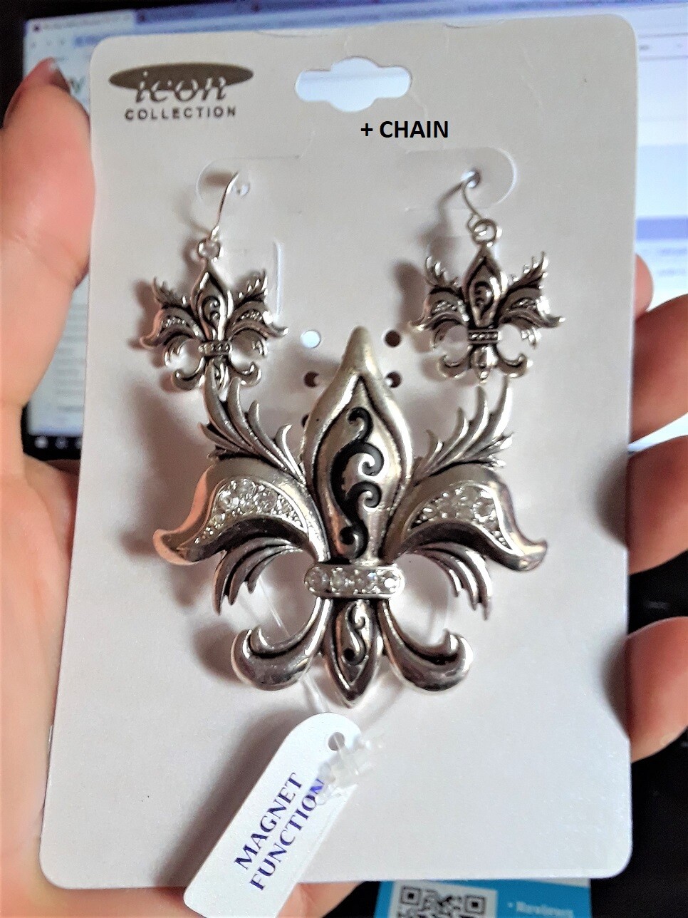 2.5″ BIG Pendant Earrings + Chain Necklace Silver Black Fleur De Lis Flower Leaf