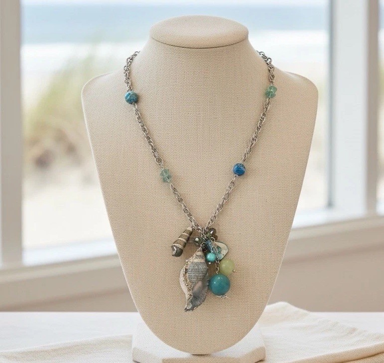 Coastal Shell Charm Necklace Silver Tone Beach Boho Statement 30” Blue Green