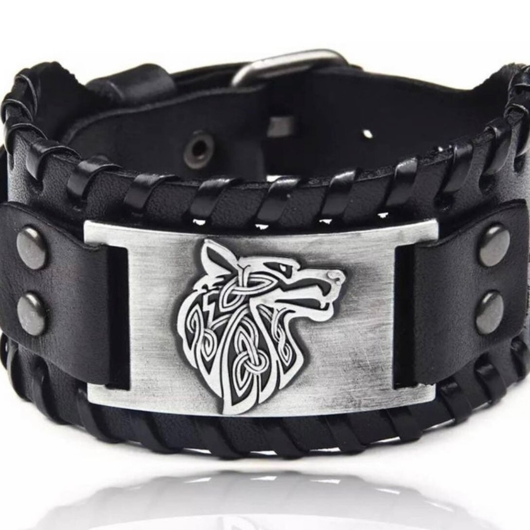 Black or Brown Leather Viking Wrap Bracelet Cuff with Wolf Charm