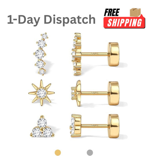 Dochais Flat Back Stud Earrings 14k Gold Plated 925 Silver Set Hypoallergenic
