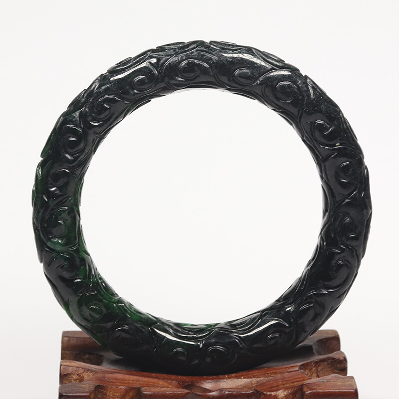 59mm Natural Black Green Jadeite Jade Bangle Bracelet Chinese Handcarved 13628