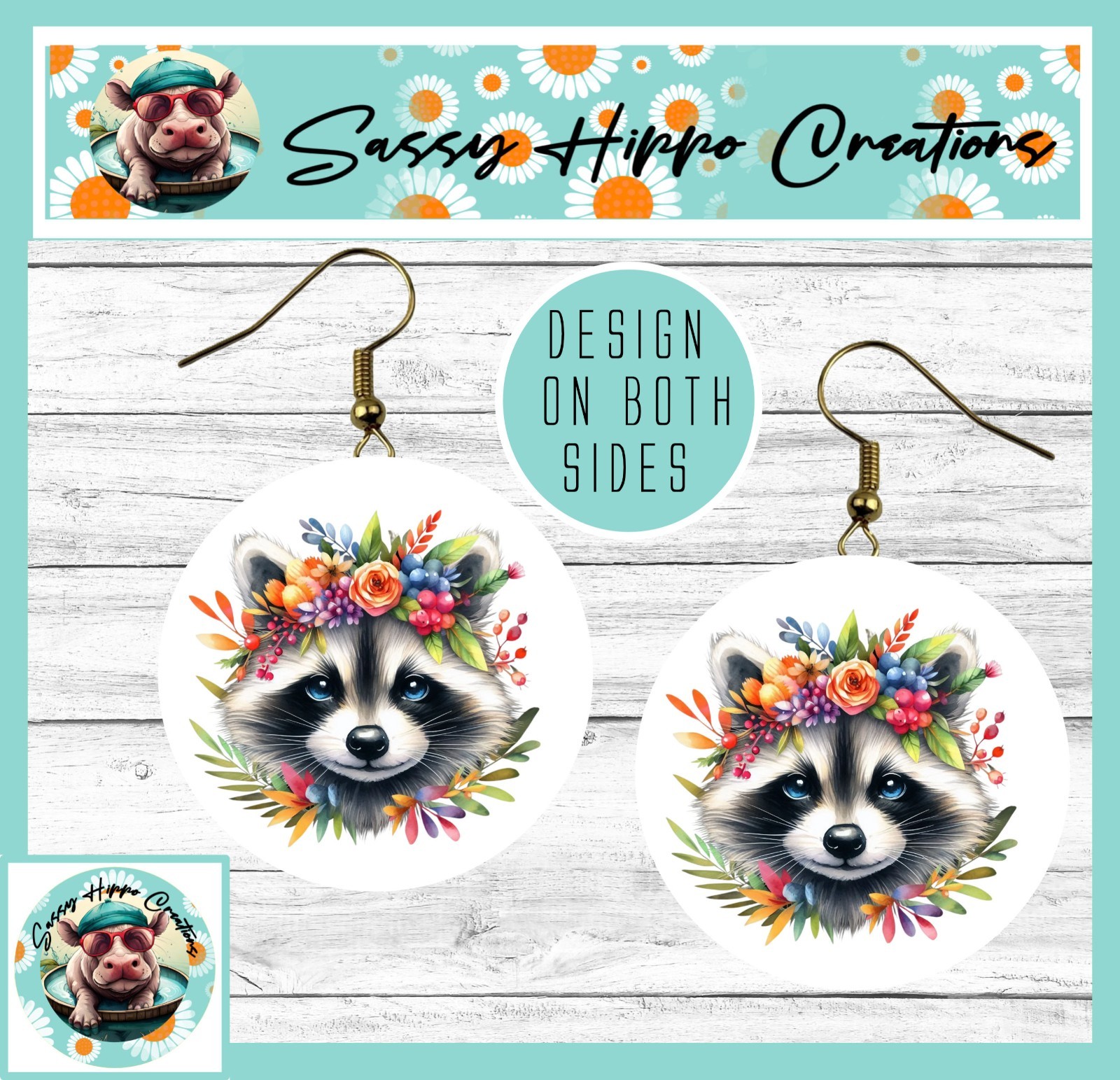 Earrings Round Gold Hook Backs Adorable Raccoon Colorful Flowers Sublimated