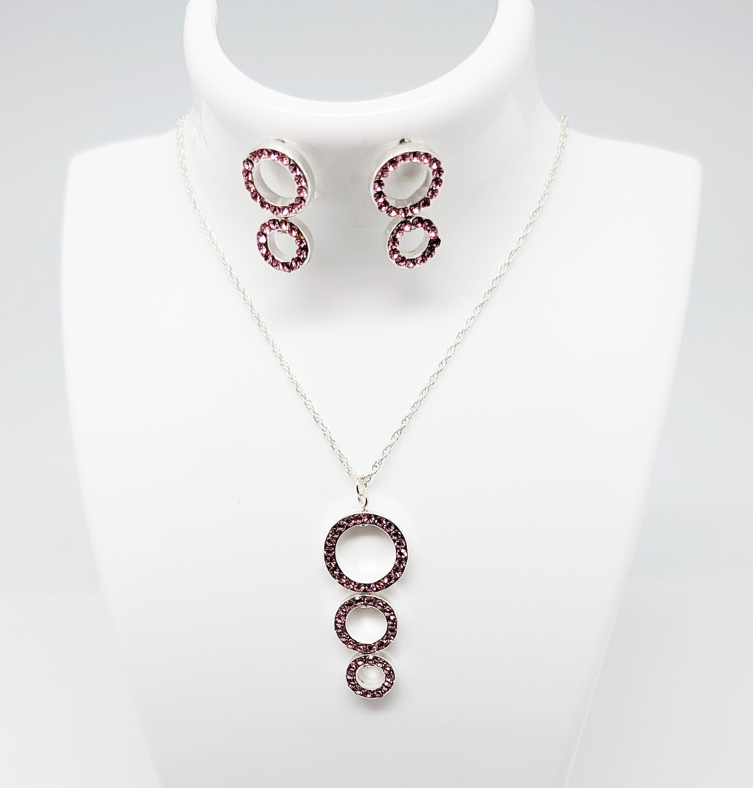 DESIGNER INSPIRED 17.5 in PINK CRYSTAL CIRCLE DROP SILVER TONE ROPE JEWELRY SET