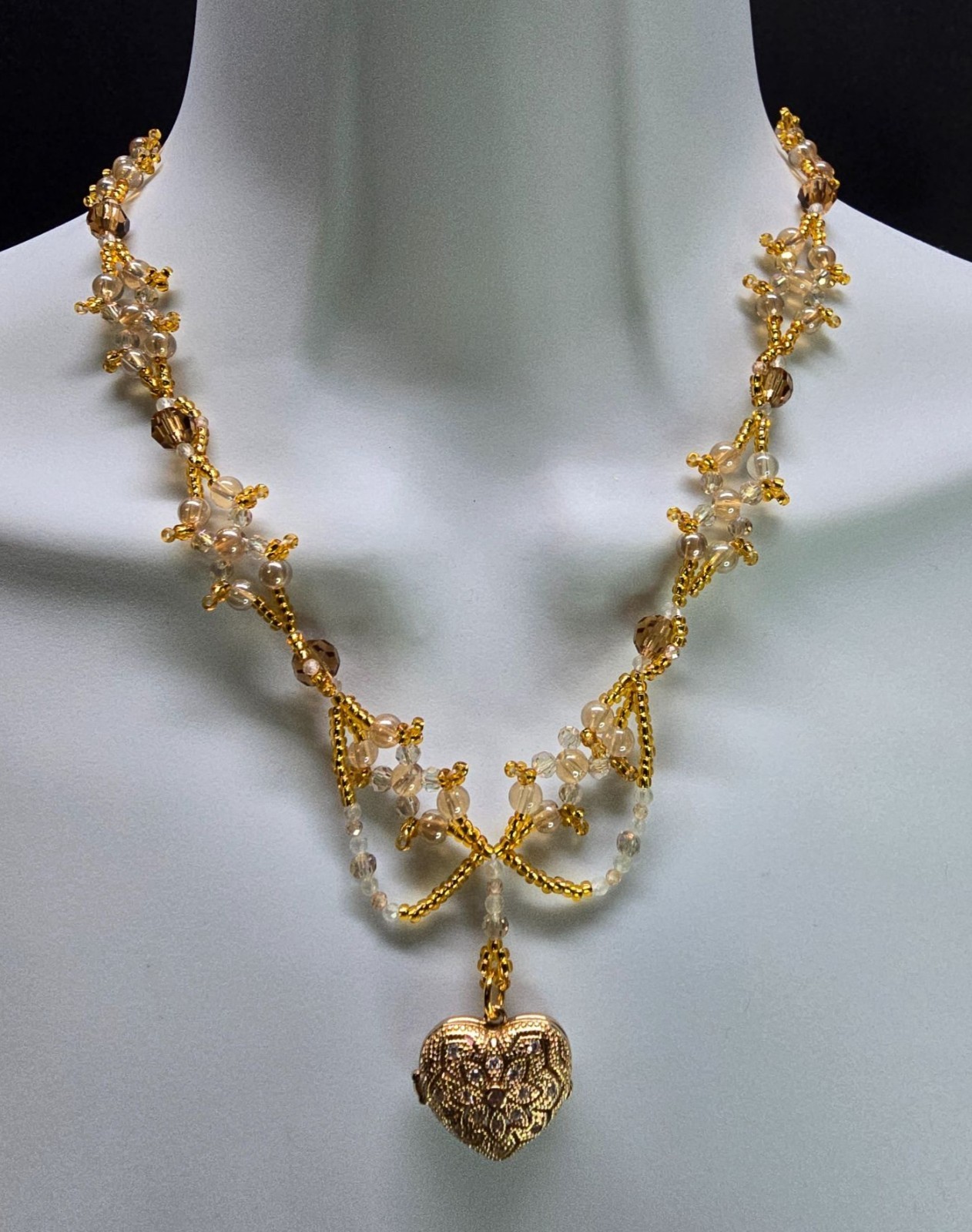 Handcrafted 18k Gold Plated Heart Locket Peach Zircon & Prehnite Beaded Necklace