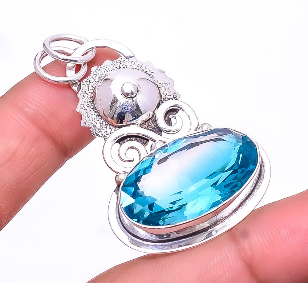 Bi-Colour Blue Topaz Designer Handmade 925 Sterling Silver Pendant 2.03″ P60